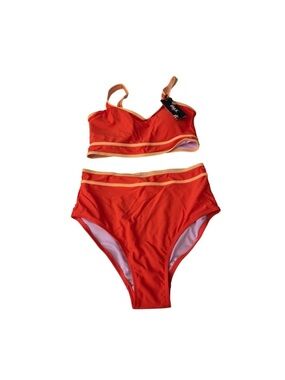 High-Waist Orange Bikini Set with Contrast Trim